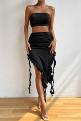 Swingy Ruffled Strappy Tube Top High Waist Split Two Piece Midi Dress - Black