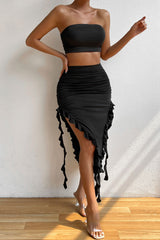 Swingy Ruffled Strappy Tube Top High Waist Split Two Piece Midi Dress - Black