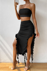 Swingy Ruffled Strappy Tube Top High Waist Split Two Piece Midi Dress - Black
