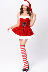 Swingy Santa Hat Fluffy Fur Lace Up Strapless Christmas Party Mini Dress - Red
