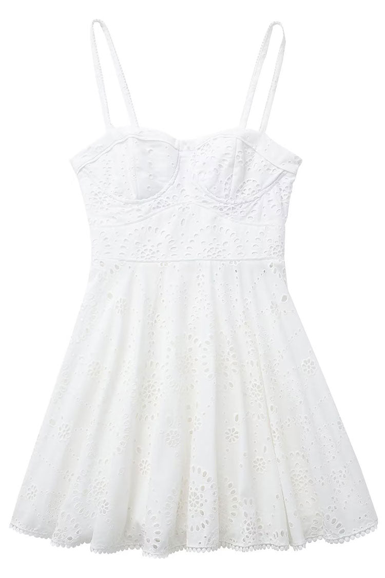 Swingy Sweetheart Floral Openwork Fit & Flare Summer Mini Sundress - White