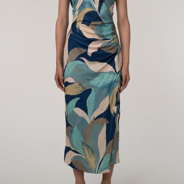 Tropical Print Crossover Halter Gathered Trim Split Beach Vacation Midi Dress