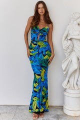 Tropical Twist Cutout Printed Fishtail Backless Beach Vacation Maxi Dress - Blue
