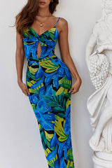 Tropical Twist Cutout Printed Fishtail Backless Beach Vacation Maxi Dress - Blue