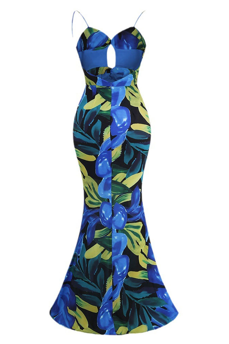 Tropical Twist Cutout Printed Fishtail Backless Beach Vacation Maxi Dress - Blue