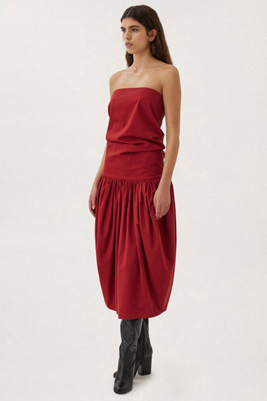 Two Way Ruched Detail Low Waist Cotton Blend Strapless Midi Dress - Red