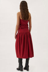 Two Way Ruched Detail Low Waist Cotton Blend Strapless Midi Dress - Red