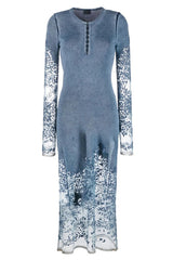 Unique Crew Neck Sheer Floral Lace Panel Long Sleeve Knit Midi Dress - Blue