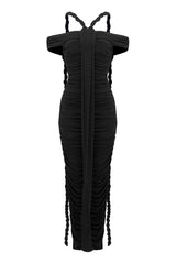 Unique Draped Rope Off Shoulder Ruched Bodycon Jersey Evening Maxi Dress