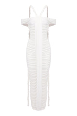 Unique Draped Rope Off Shoulder Ruched Bodycon Jersey Evening Maxi Dress
