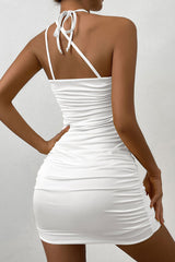 Unique Halter Keyhole Cutout Ruched Bodycon Sleeveless Party Mini Dress - White