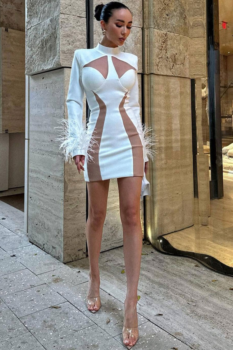 Unique High Neck Feather Trim Long Sleeve Contrast Bandage Mini Dress - White
