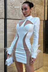 Unique High Neck Feather Trim Long Sleeve Contrast Bandage Mini Dress - White