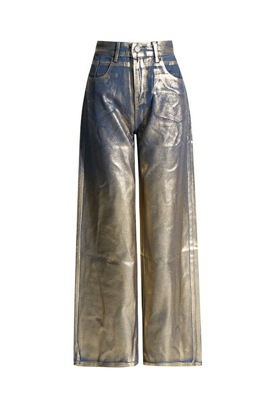 Unique Metallic Foil Coated Blue and Gold High Waist Wide Leg Baggy Jeans