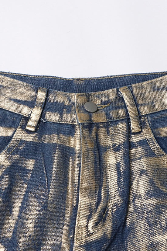 Unique Metallic Foil Coated Blue and Gold High Waist Wide Leg Baggy Jeans