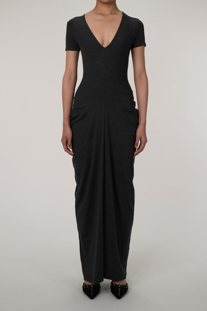 [PAKUA] / ☆ ROUND SHIRRING JERSEY DRESS / BLACK Jersey Maxi Dress - Arakii