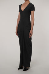 Unique Plunge Short Sleeve Draped Detail Cinch Waist Jersey Maxi Dress