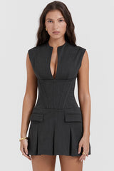 Unique Split Neck Sleeveless Corset Pleated Party Mini Dress - Black Gray