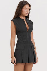 Unique Split Neck Sleeveless Corset Pleated Party Mini Dress - Black Gray