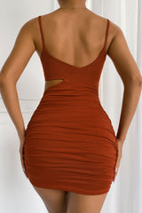 Unique Twist Sweetheart Cutout Cami Ruched Bodycon Party Mini Dress - Brown