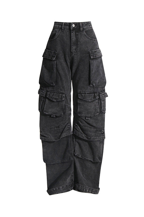 Urban Multiple Pocket Ruched High Waist Full Length Horseshoe Cargo Jeans