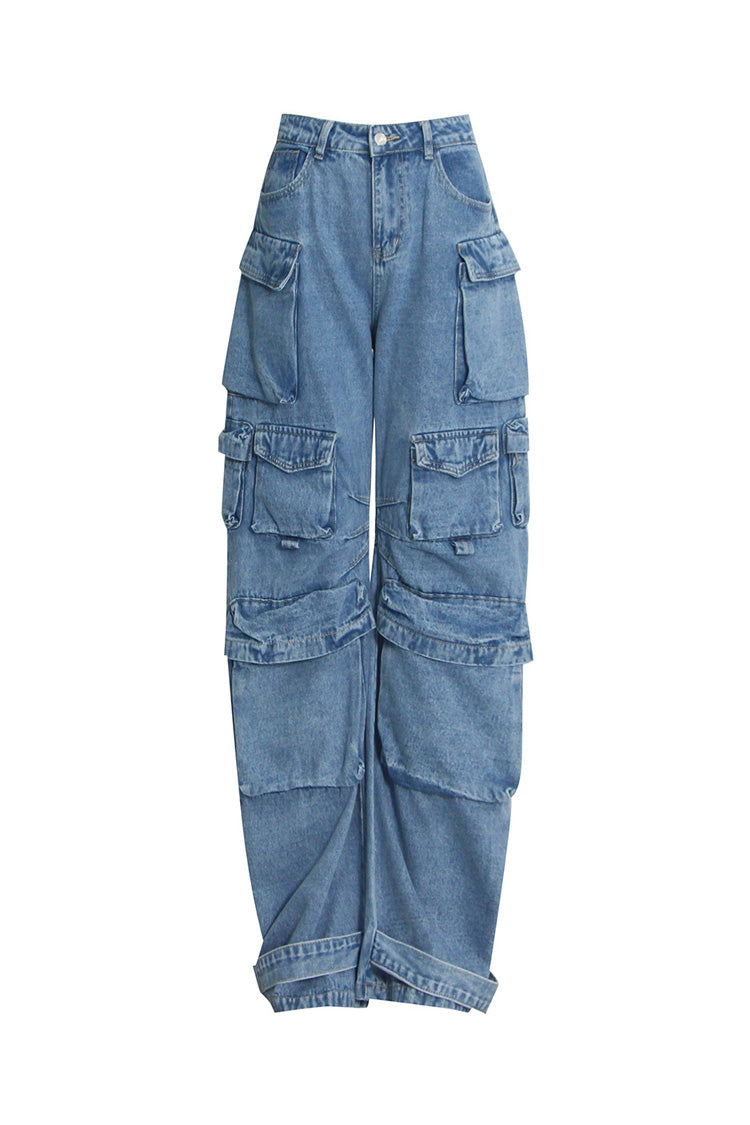 Urban Multiple Pocket Ruched High Waist Full Length Horseshoe Cargo Jeans