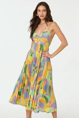 Vibrant Print V Neck Cutout Tie Back Fit Flare Pleated Vacation Midi Sundress