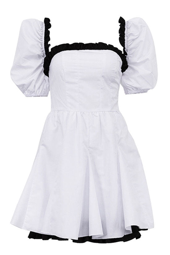 Vintage Bicolor Ruffled Square Neck Puff Sleeve Fit & Flare Summer Mini Dress - White