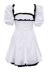 Vintage Bicolor Ruffled Square Neck Puff Sleeve Fit & Flare Summer Mini Dress - White