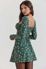 Vintage Bow Tie Sweetheart Long Sleeve Floral Corset Party Mini Dress - Emerald Green