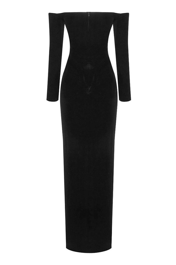 Vintage Eyelash Off Shoulder Long Sleeve Bodycon Velvet Maxi Evening Dress