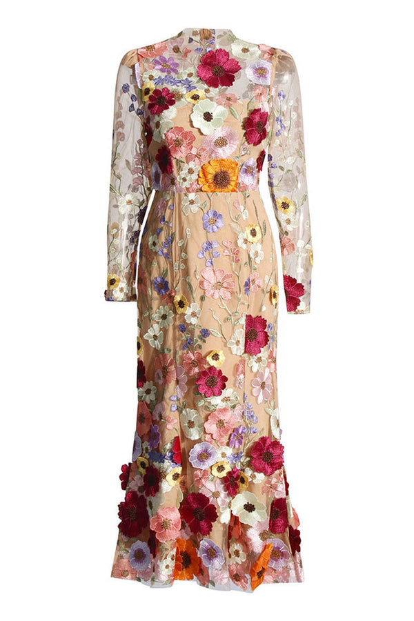 Rosedress Vintage Floral Embroidered Sheer Mesh Long Sleeve Fishtail Midi Dress Floral XL