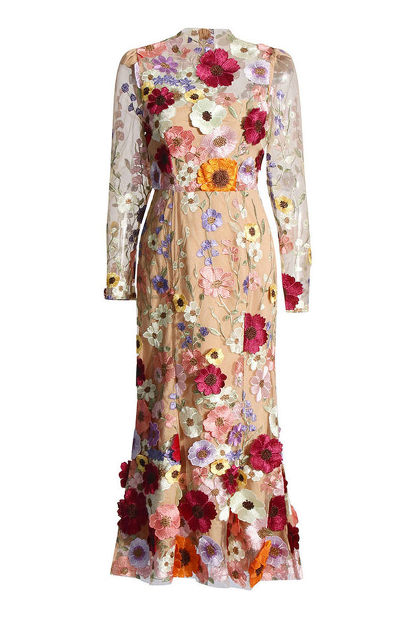 Vintage Floral Embroidered Sheer Mesh Long Sleeve Fishtail Midi Dress