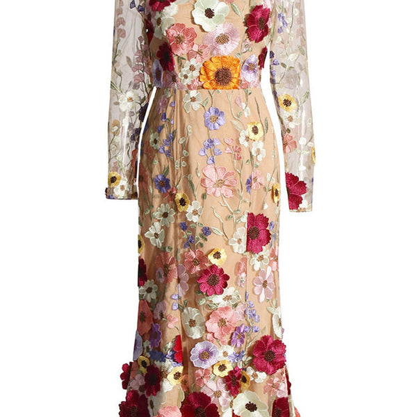 Vintage Floral Embroidered Sheer Mesh Long Sleeve Fishtail