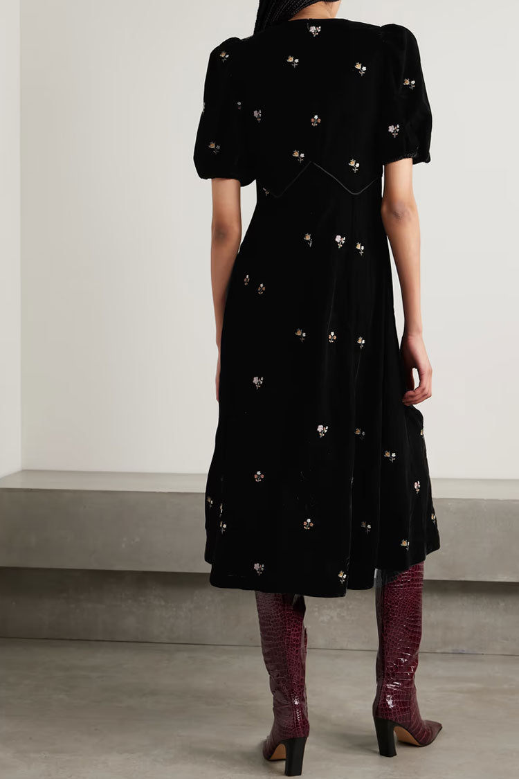 Vintage Floral Embroidery Puff Sleeve A Line Velvet Midi Dress - Black