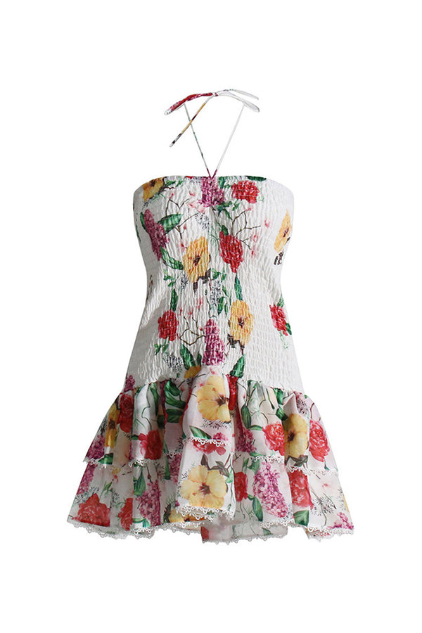 Vintage Halter Tie Scalloped Strapless Smocked Ruffle Floral Print Mini Dress