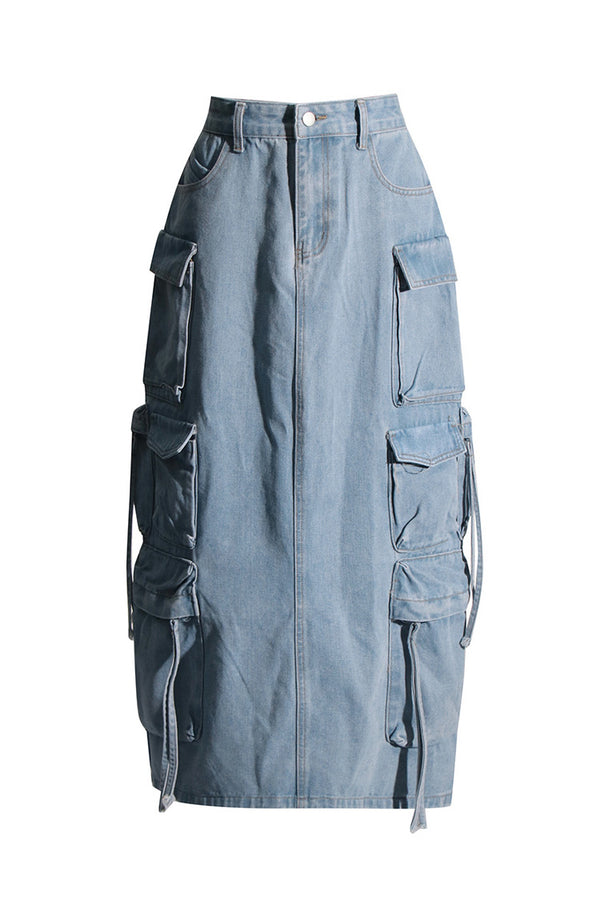 Vintage High Waist Draped Cargo Pocket Split Back Fade Denim Midi Skirt