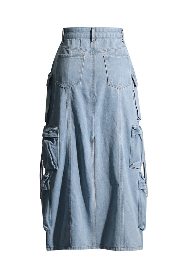 Vintage High Waist Draped Cargo Pocket Split Back Fade Denim Midi Skirt