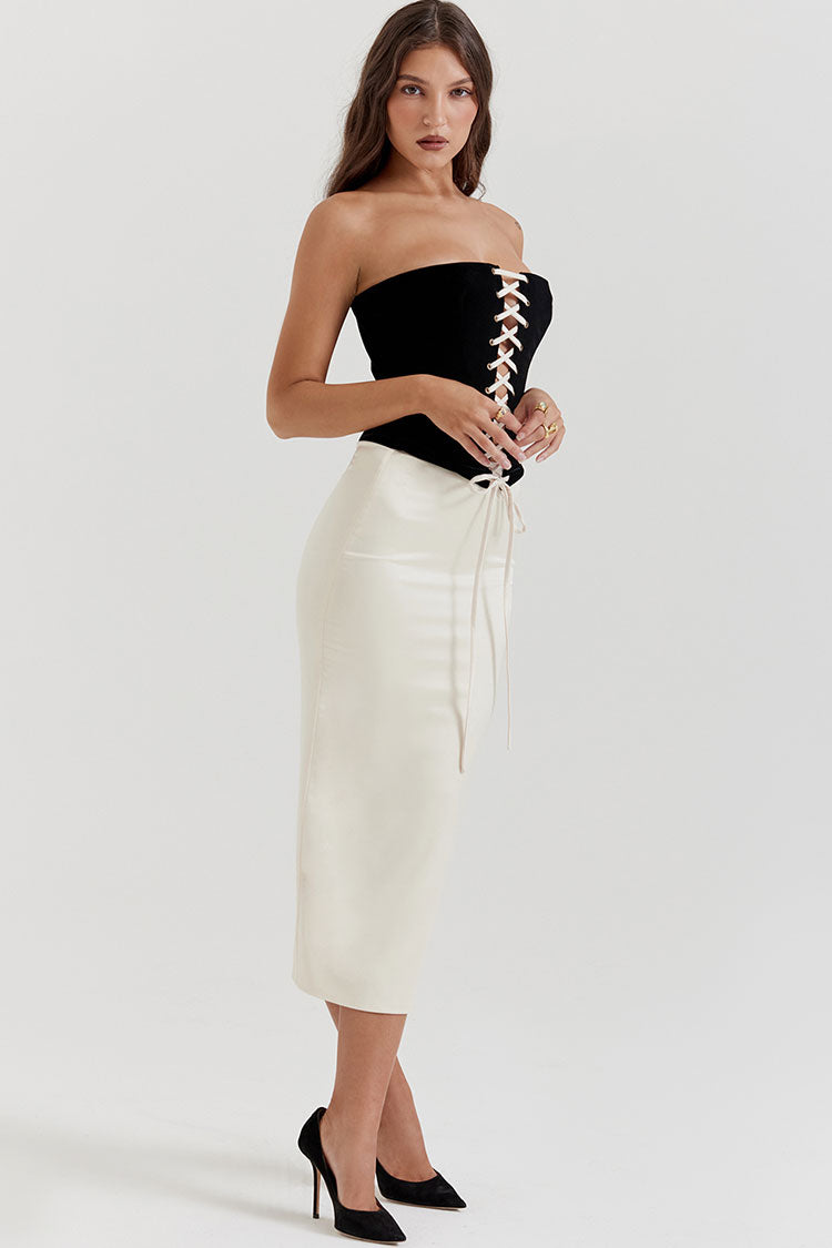 Vintage Lace Up Corset High Waist Satin Skirt Two Piece Midi Dress - Cream