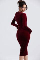 Vintage Lacey Neck Long Sleeve Mesh Velvet Corset Cocktail Midi Dress - Burgundy