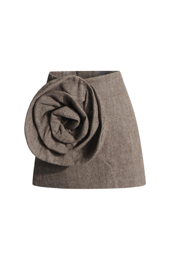 Vintage Large Bloom Rosette Chevron Tweed High Waist A Line Mini Skirt