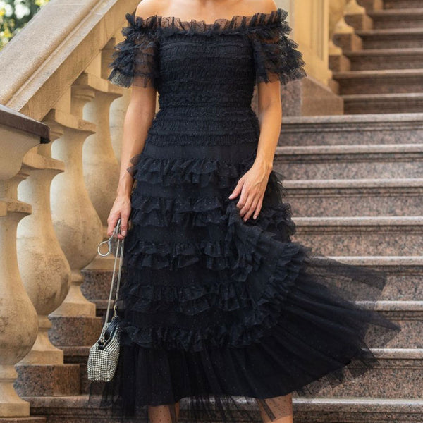 ワンピース (^-^)OFF SHOULDER TULLE LAYERED DRESS vintage-layered-ruffle-off-