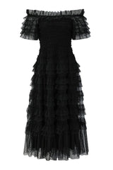 Vintage Layered Ruffle Off Shoulder Dotted Tulle Cocktail Midi Dress - Black