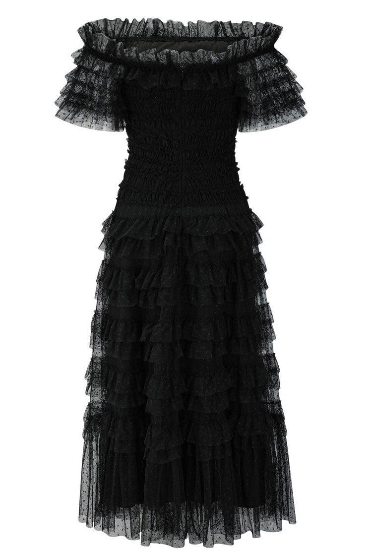 Vintage Layered Ruffle Off Shoulder Dotted Tulle Cocktail Midi Dress - Black