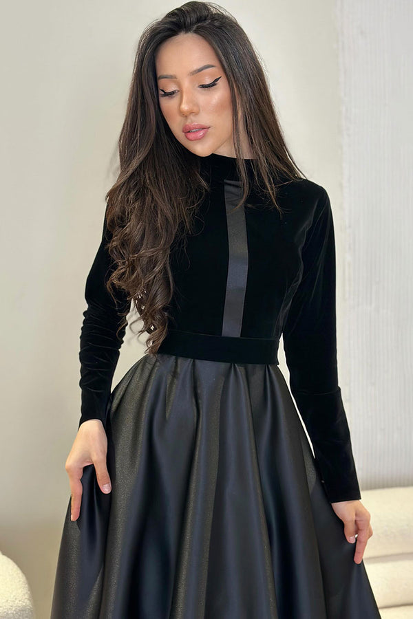 Vintage Long Sleeve High Waist Velvet Silky Satin Evening Maxi Dress - Black