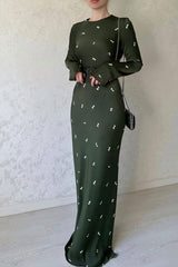 Vintage Long Sleeve Silky Satin Floral Printed Maxi Dress - Green
