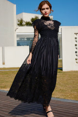 Vintage Mock Neck Sheer Lace Long Sleeve Evening Maxi Dress - Black