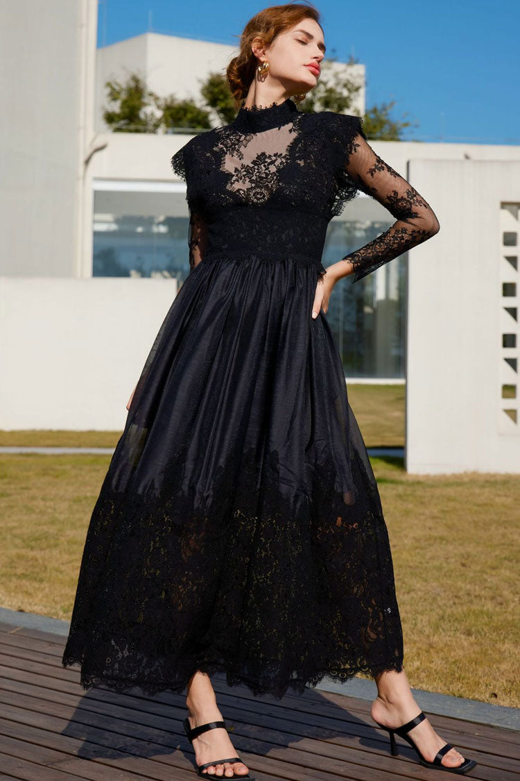 Vintage Mock Neck Sheer Lace Long Sleeve Evening Maxi Dress - Black