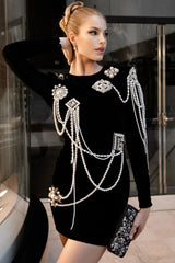 Vintage Pearl Tassel Rhinestone Long Sleeve Velvet Party Mini Dress - Black