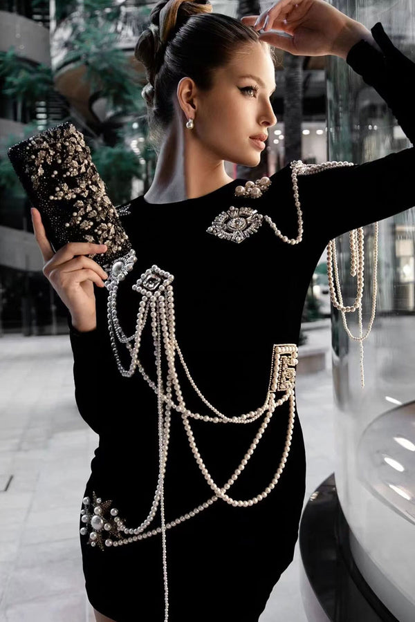 Vintage Pearl Tassel Rhinestone Long Sleeve Velvet Party Mini Dress - Black